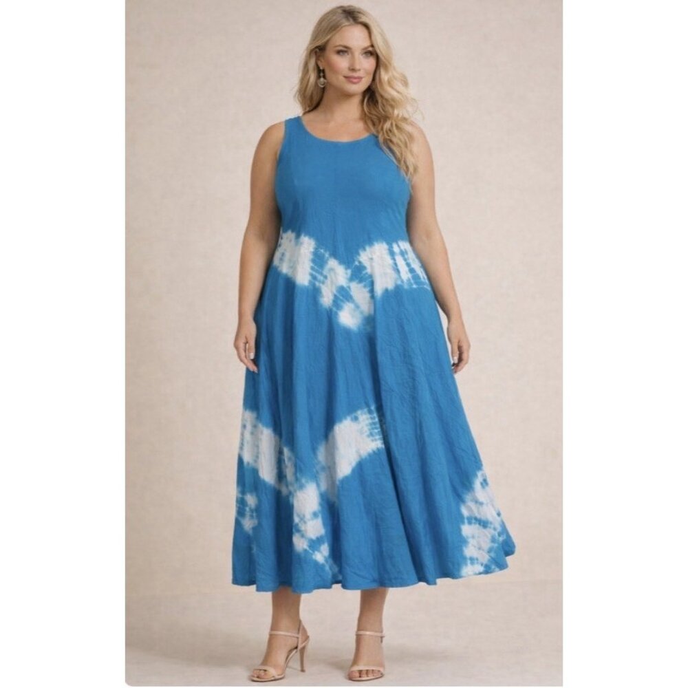 Advance Apparel Plus Size Rayon Blue White Sun Tie Dye Midi Tank Sun Dress